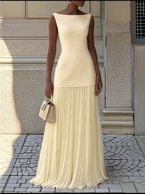 SHEIN Cream Boatneck Pleated Maxi Dress